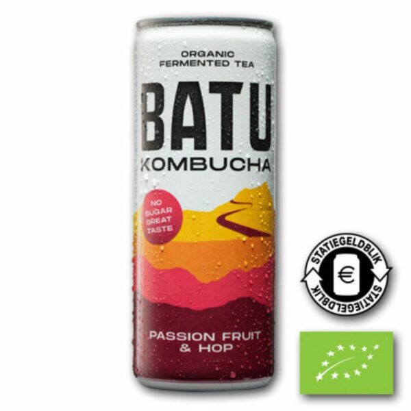 Batu Kombucha passiefruit en mango bio blik 250ml – tropische, biologische kombucha
