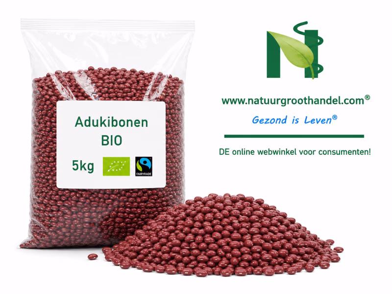 Adukibonen BIO 5 kg van Natuurgroothandel in transparante verpakking met BIO- en Fairtrade-keurmerk.