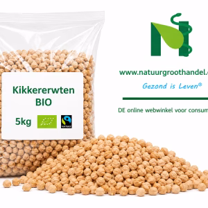 Kikkererwten BIO 5 kg van Natuurgroothandel in transparante verpakking met BIO- en Fairtrade-keurmerk.