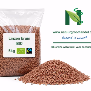 Linzen Bruin BIO 5 kg van Natuurgroothandel in transparante verpakking met BIO- en Fairtrade-keurmerk.