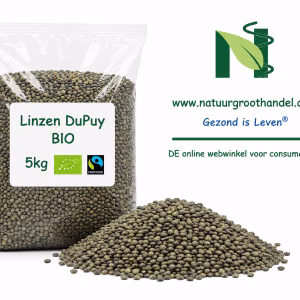 Linzen DuPuy BIO 5 kg van Natuurgroothandel in transparante verpakking met BIO- en Fairtrade-keurmerk.