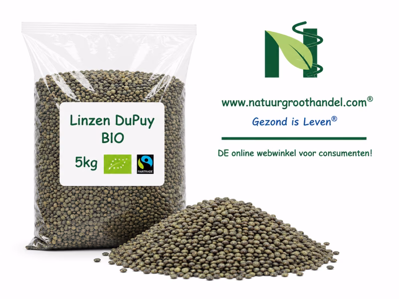 Linzen DuPuy BIO 5 kg van Natuurgroothandel in transparante verpakking met BIO- en Fairtrade-keurmerk.