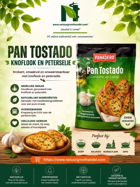 Pan Tostado knoflook en peterselie 160g, krokant geroosterd brood met hartige knoflook en peterselie.