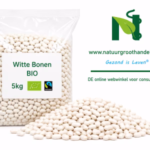 Witte Bonen BIO 5 kg van Natuurgroothandel in transparante verpakking met BIO- en Fairtrade-keurmerk.