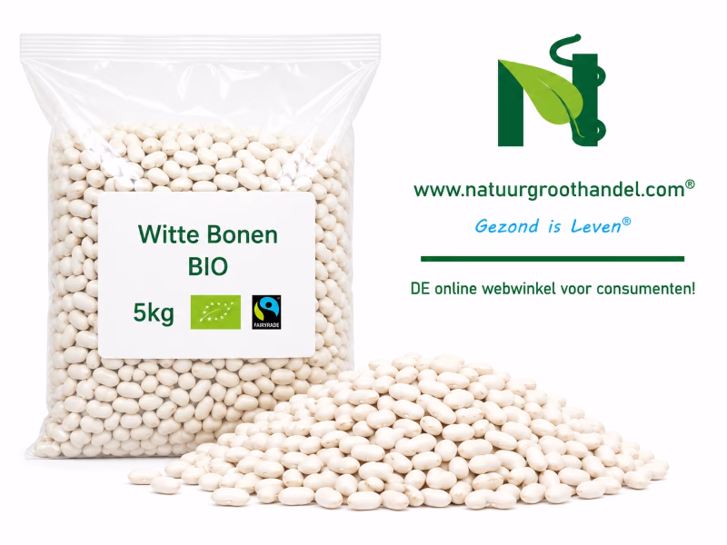 Witte Bonen BIO 5 kg van Natuurgroothandel in transparante verpakking met BIO- en Fairtrade-keurmerk.