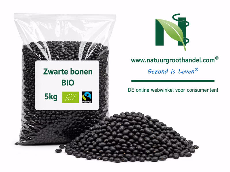 Zwarte Bonen BIO 5 kg van Natuurgroothandel in transparante verpakking met BIO- en Fairtrade-keurmerk.