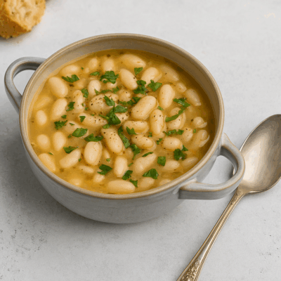 Romige wittebonensoep in keramische kom met peterselie