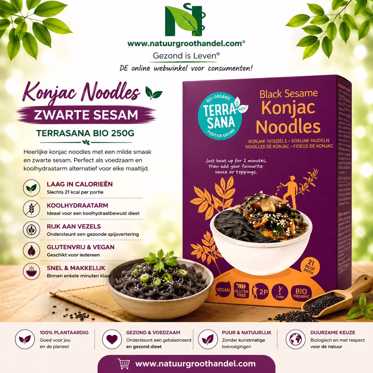 Terrasana Konjac Noodles Zwarte Sesam BIO 250 gram, biologische koolhydraatarme noedels met zwarte sesam.