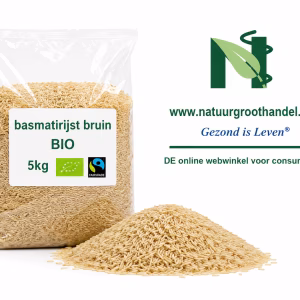 Basmatirijst Bruin BIO 5kg van Natuurgroothandel in transparante verpakking met BIO- en Fairtrade-keurmerk.