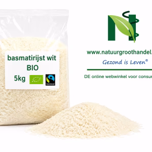 Basmatirijst Wit BIO 5 kg van Natuurgroothandel in transparante verpakking met BIO- en Fairtrade-keurmerk.