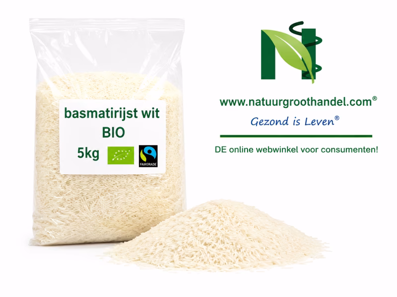 Basmatirijst Wit BIO 5 kg van Natuurgroothandel in transparante verpakking met BIO- en Fairtrade-keurmerk.