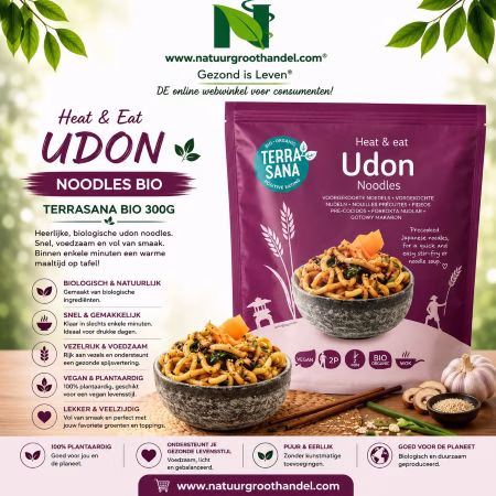 Terrasana Heat & Eat Udon BIO 300 gram, biologische udon noedels, snel klaar voor Aziatische gerechten.