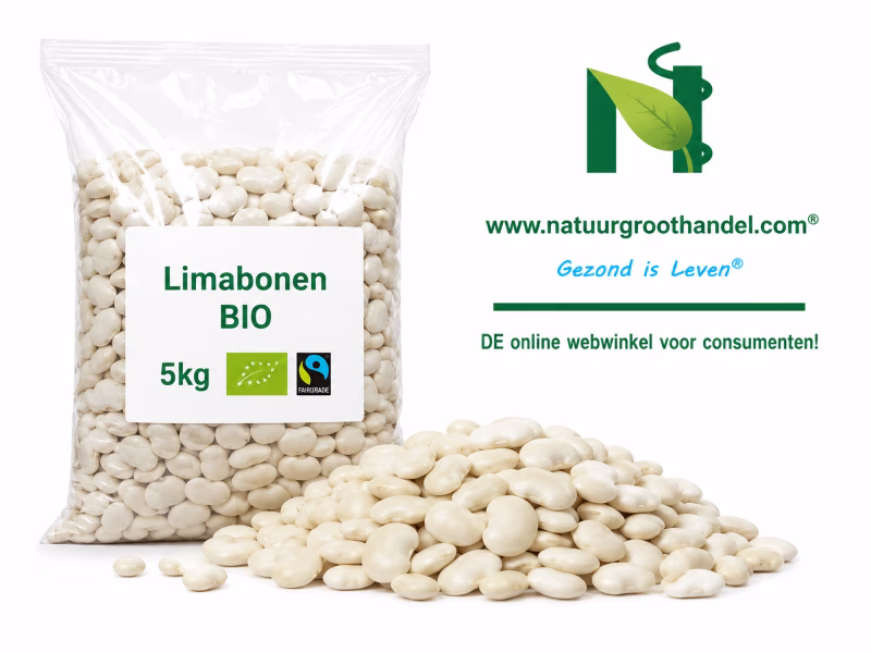 Limabonen BIO 5 kg van Natuurgroothandel in transparante verpakking met BIO- en Fairtrade-keurmerk.
