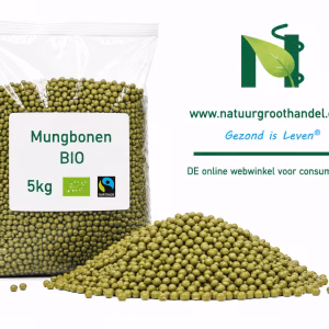 Mungbonen BIO 5 kg van Natuurgroothandel in transparante verpakking met BIO- en Fairtrade-keurmerk.