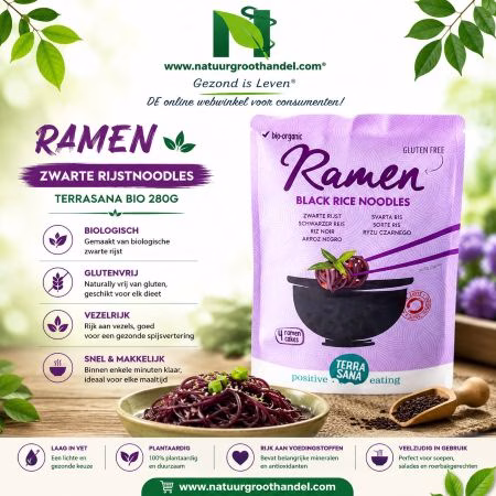 Terrasana Ramen Zwarte Rijstnoedels BIO 280 gram, biologische glutenvrije noedels voor Aziatische gerechten.