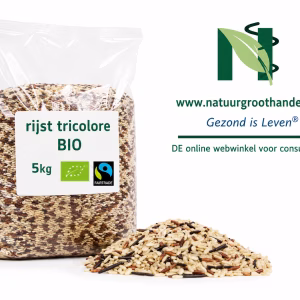 Rijst Tricolore BIO 5 kg van Natuurgroothandel in transparante verpakking met BIO- en Fairtrade-keurmerk.