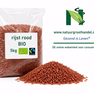 Rijst Rood BIO 5 kg van Natuurgroothandel in transparante verpakking met BIO- en Fairtrade-keurmerk.