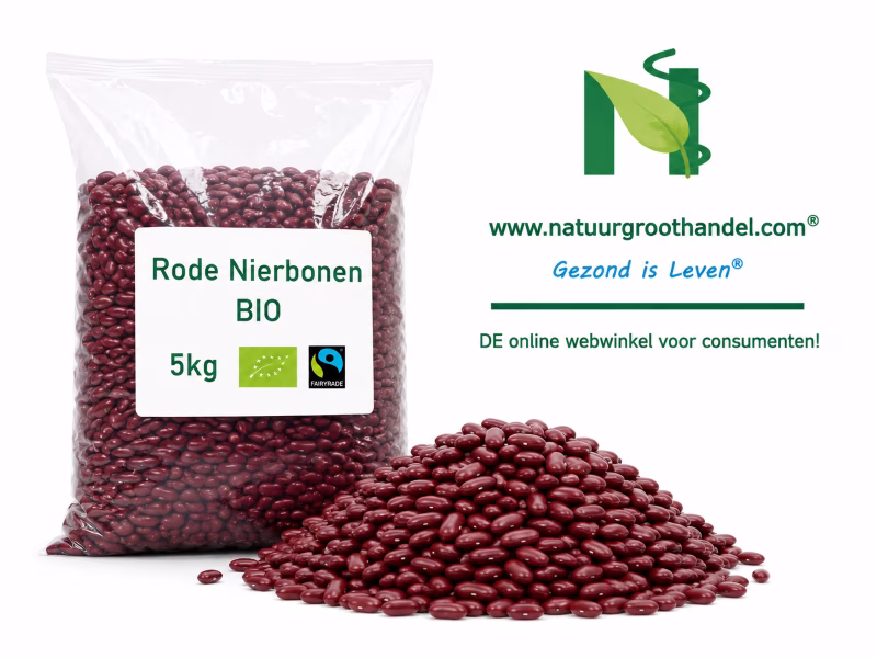 Rode Nierbonen BIO 5kg van Natuurgroothandel in transparante verpakking met BIO- en Fairtrade-keurmerk.