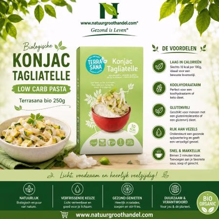 Terrasana Konjac tagliatelle BIO 250 g, biologische pastavervanger met weinig koolhydraten, verkrijgbaar bij Natuurgroothandel.