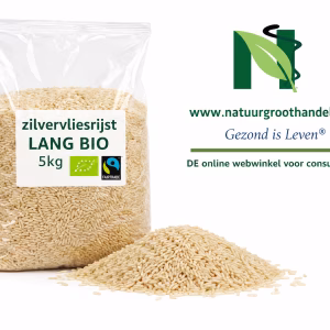 Zilvervliesrijst Lang BIO 5 kg van Natuurgroothandel in transparante verpakking met BIO- en Fairtrade-keurmerk.
