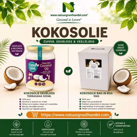 Assortiment kokosolie van Natuurgroothandel in diverse verpakkingen