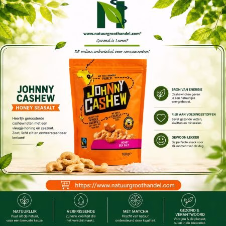 Johnny Cashew cashewnoten honing zeezout 100g, knapperige cashews met een zoete honingsmaak en vleugje zeezout.