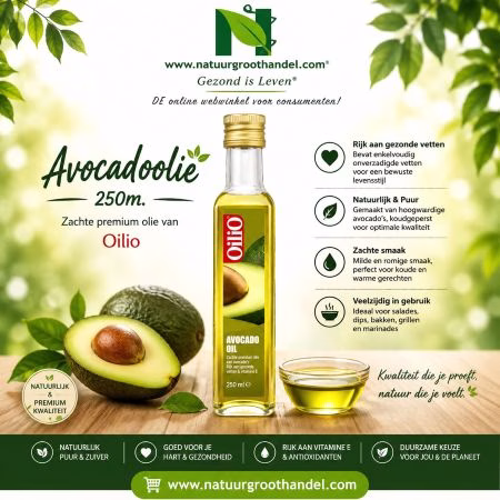 Fles avocadoolie 250 ml, koudgeperste avocado olie voor bakken, braden, salades en dressings.