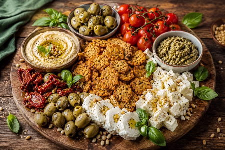 Mediterrane borrelplank met Krambals Groene Olijf & Zeezout van geredde groenten