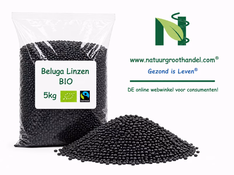 Biologische Beluga linzen 5 kg van Natuurgroothandel in grootverpakking met zwarte Beluga linzen.