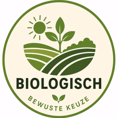 Biologisch product – Bewuste Keuze bij Natuurgroothandel, groen pictogram met plant, akkerland en zon.