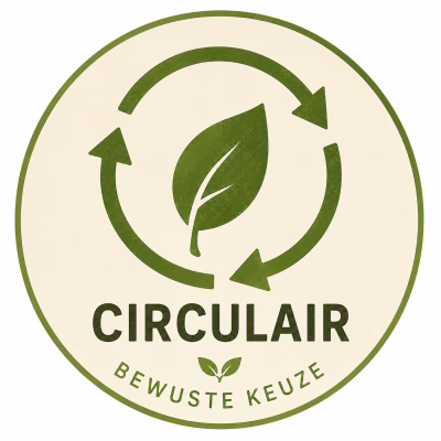 Circulair product – Bewuste Keuze bij Natuurgroothandel, pictogram met circulaire pijlen en groen blad.