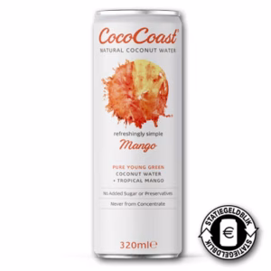 CocoCoast Mango kokoswater 320 ml, tray met 12 blikjes kokoswater met een tropische mangosmaak.