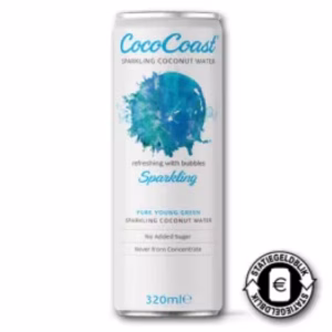 CocoCoast Sparkling kokoswater 320 ml, tray met 12 blikjes verfrissend bruisend kokoswater.