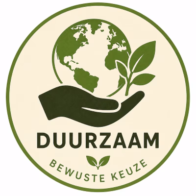 Duurzaam product – Bewuste Keuze bij Natuurgroothandel, pictogram met wereldbol, groene bladeren en een hand.