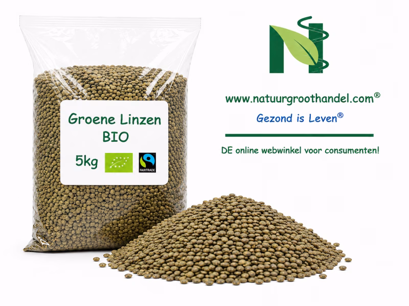 Biologische groene linzen 5 kg van Natuurgroothandel in grootverpakking met losse groene linzen.