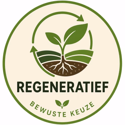 Regeneratief product – Bewuste Keuze bij Natuurgroothandel, pictogram met plant, wortels, bodem en circulaire pijlen.