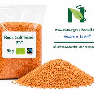 Biologische rode splitlinzen 5 kg van Natuurgroothandel in grootverpakking met losse rode splitlinzen.
