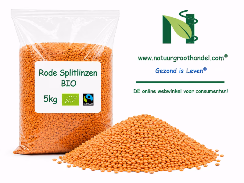 Biologische rode splitlinzen 5 kg van Natuurgroothandel in grootverpakking met losse rode splitlinzen.