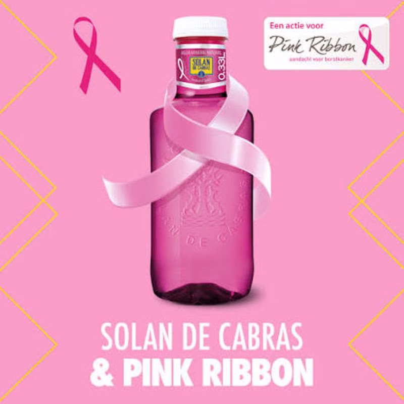 Solán de Cabras Pink Ribbon 500 ml tray met 20 flessen natuurlijk Spaans mineraalwater in een speciale Pink Ribbon-uitvoering.