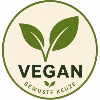 Vegan product – Bewuste Keuze bij Natuurgroothandel, groen pictogram met bladeren in V-vorm.
